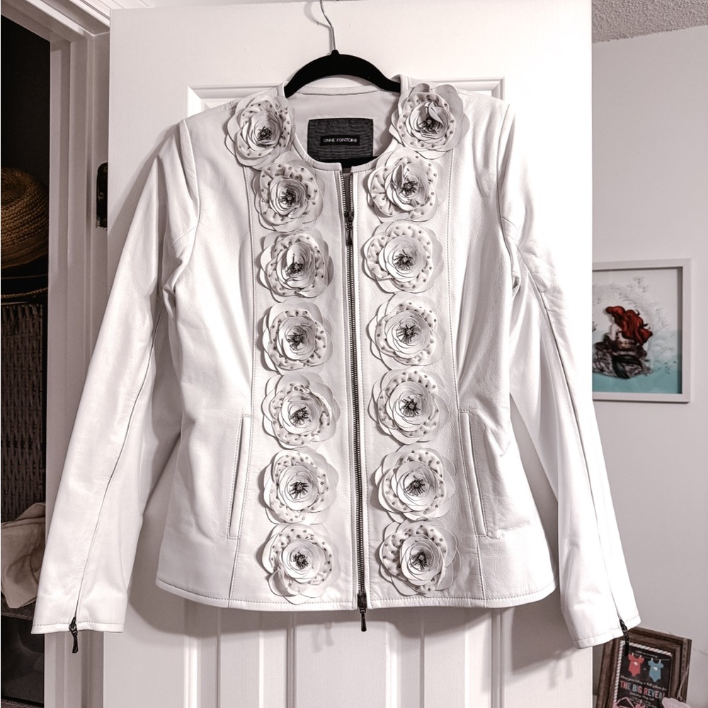 Anne Fontaine White Leather Jacket with Floral Appliqués